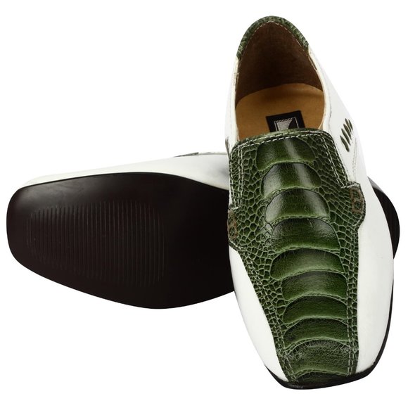 LIBERTYZENO Kid's OLIVE OSTRICH LEG / WHITE PLAIN Leather Loafers Dress Shoes - Picture 2 of 5